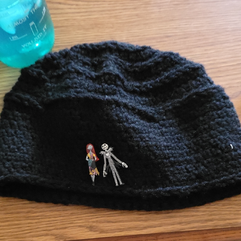 Black Knit Hat with Embroidered Characters